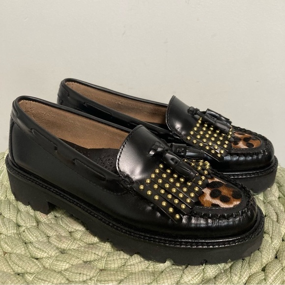 NWOB G.H Bass Weejuns Esther Stud Black Leather Leopard Super Lug Kiltie Loafers - Picture 3 of 10